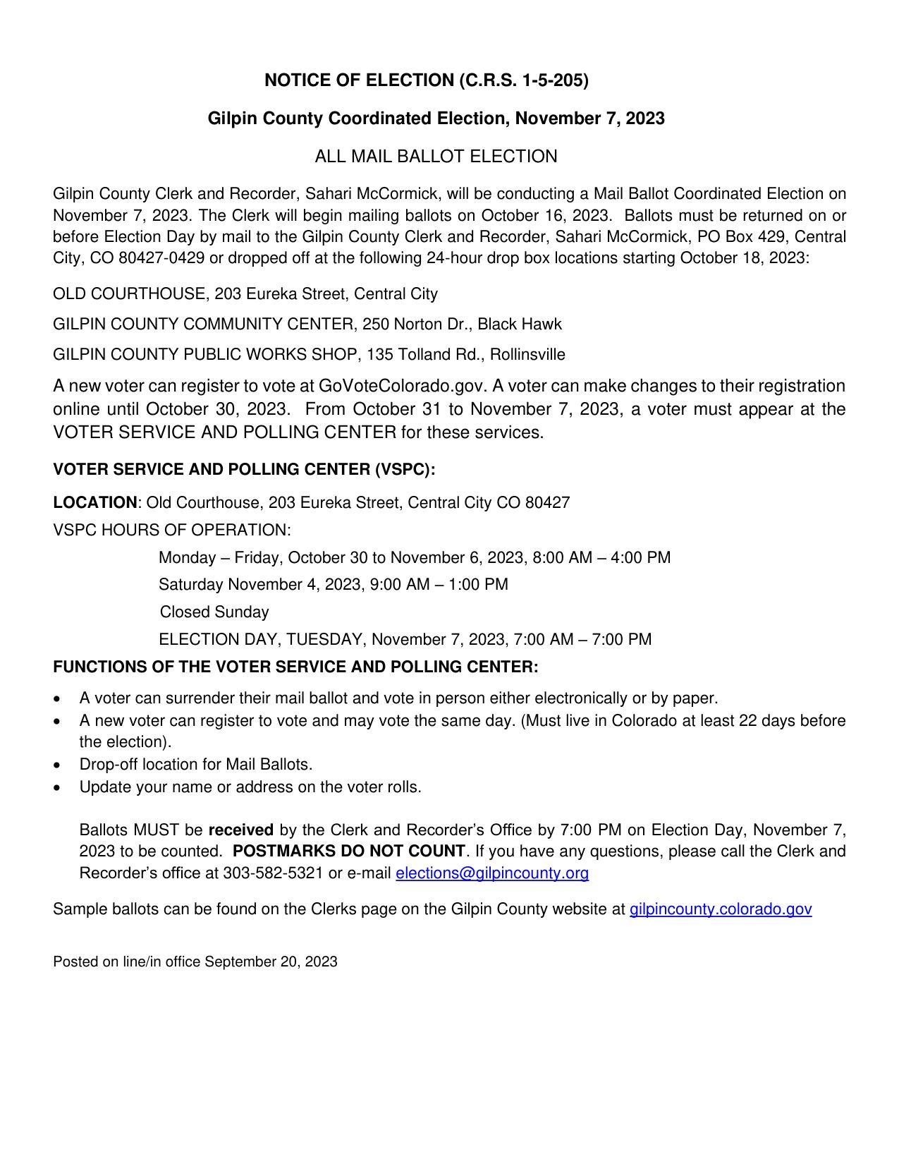 2023 Notice of Election Gilpin County